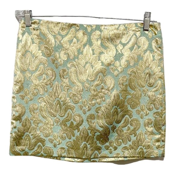 J. Crew Factory Size 4 Green Gold Metallic Brocade Mini Skirt - Picture 2 of 6